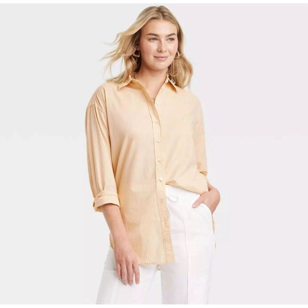 Universal Thread Women's Tunic Long Sleeve Collared Button Down Shirt Tan Size S